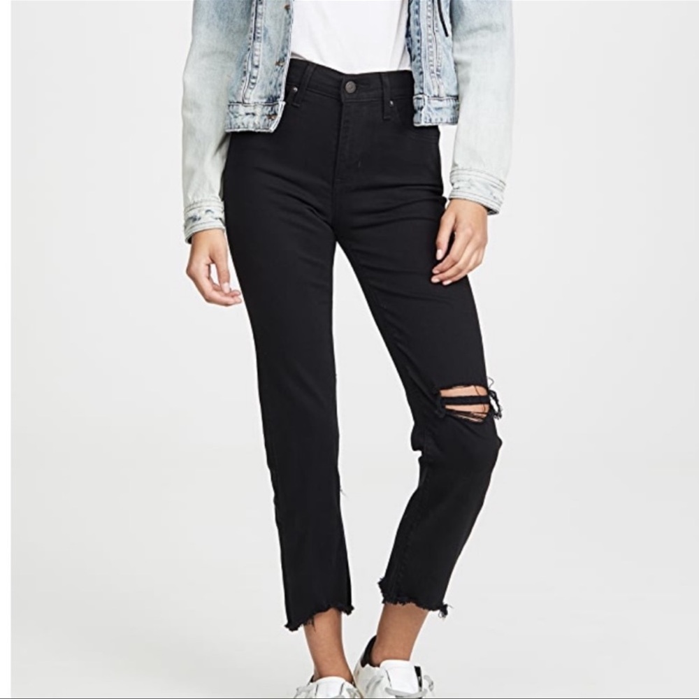 Levi’s 724 High Rise Straight Jeans, Raw Hem, Distressed Knee, Black, Size 27